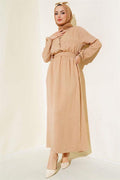 Elastic Waist Belted Linen Dress Latte