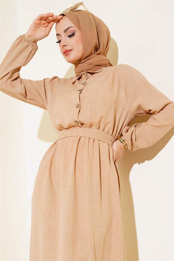 Elastic Waist Belted Linen Dress Latte