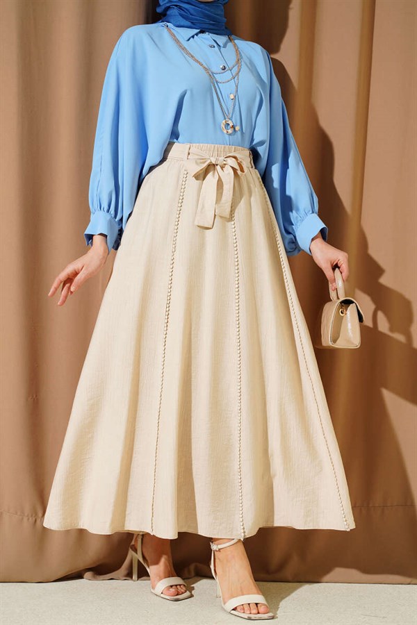 Elastic Waist Belted Flared Skirt, Beige