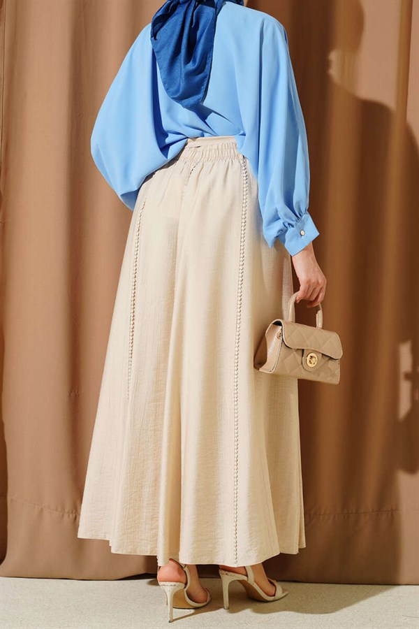 Elastic Waist Belted Flared Skirt, Beige