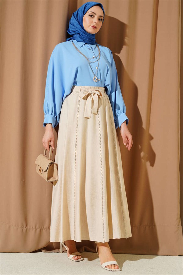 Elastic Waist Belted Flared Skirt, Beige