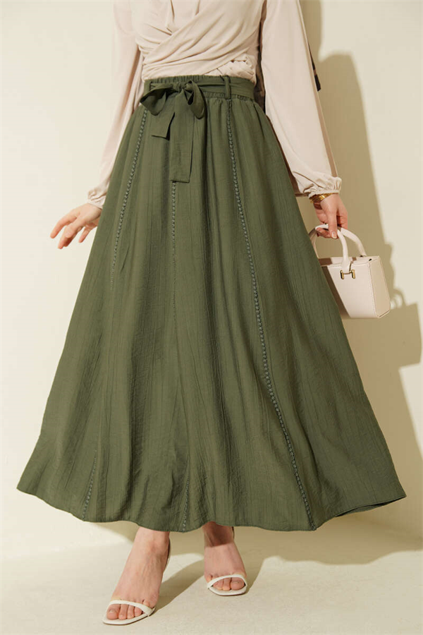 Khaki Flared Skirt with Elastic Waistband