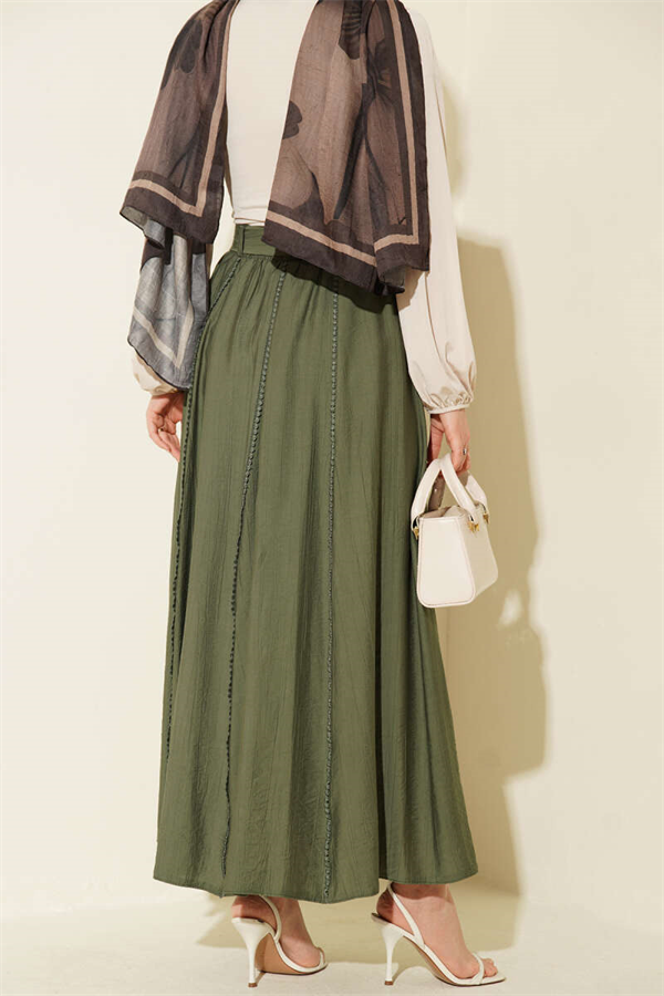 Khaki Flared Skirt with Elastic Waistband