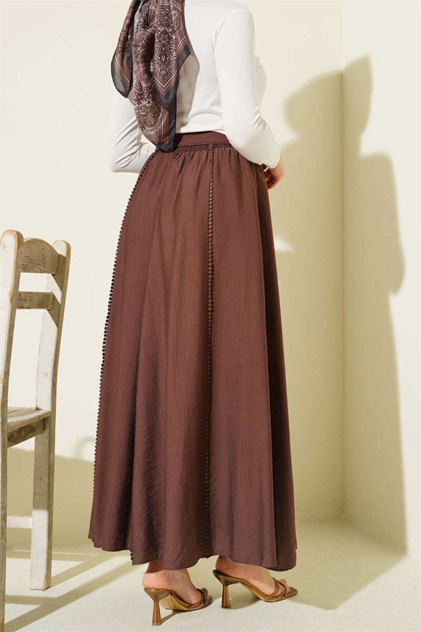 Elastic Waist Belted Flared Skirt, Brown