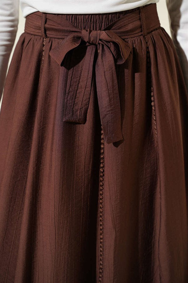 Elastic Waist Belted Flared Skirt, Brown