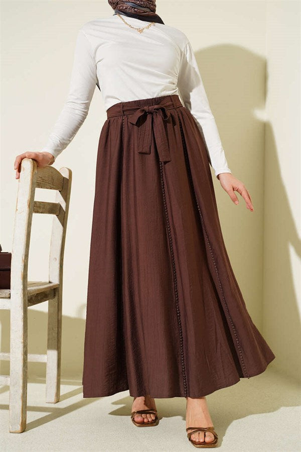 Elastic Waist Belted Flared Skirt, Brown