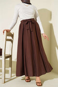 Elastic Waist Belted Flared Skirt, Brown