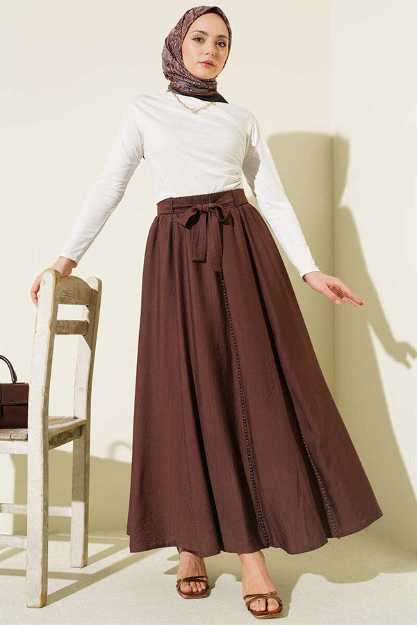 Elastic Waist Belted Flared Skirt, Brown