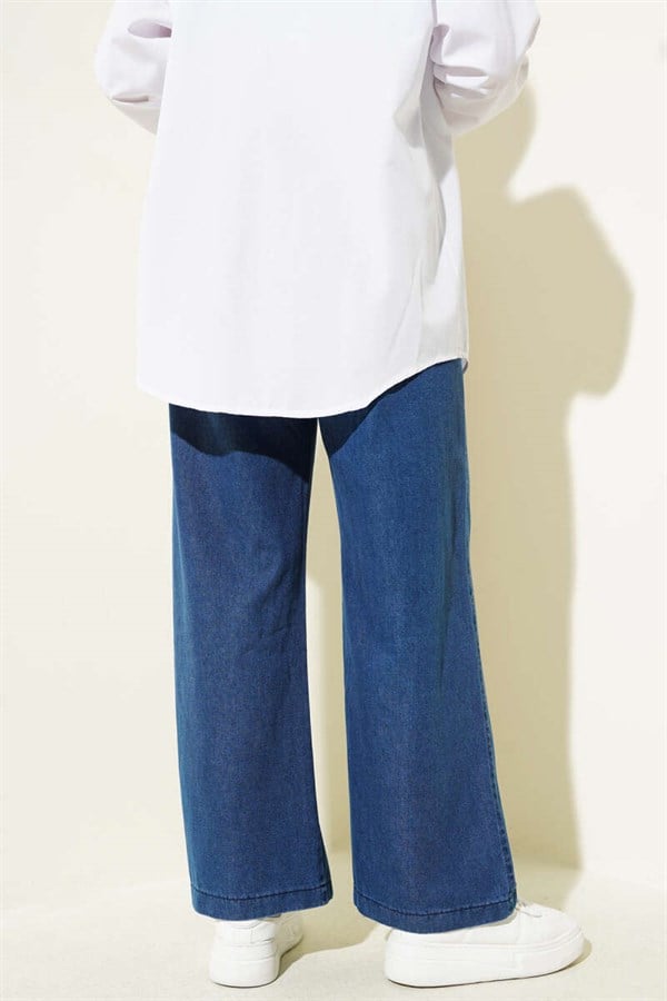 Elastic Waist Belted Denim Jeans Blue