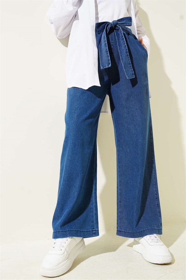 Elastic Waist Belted Denim Jeans Blue