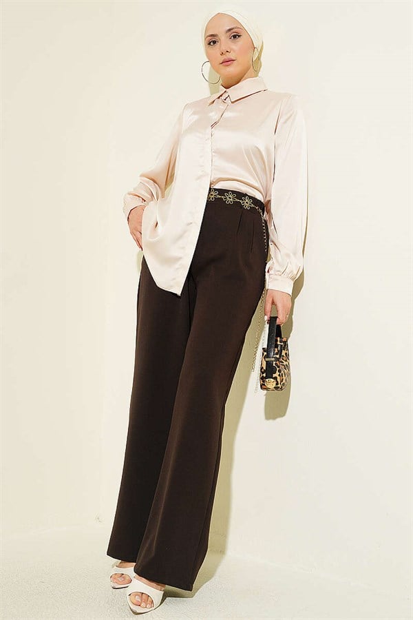 Dark Brown Trousers with Elastic Waist and Front Darts