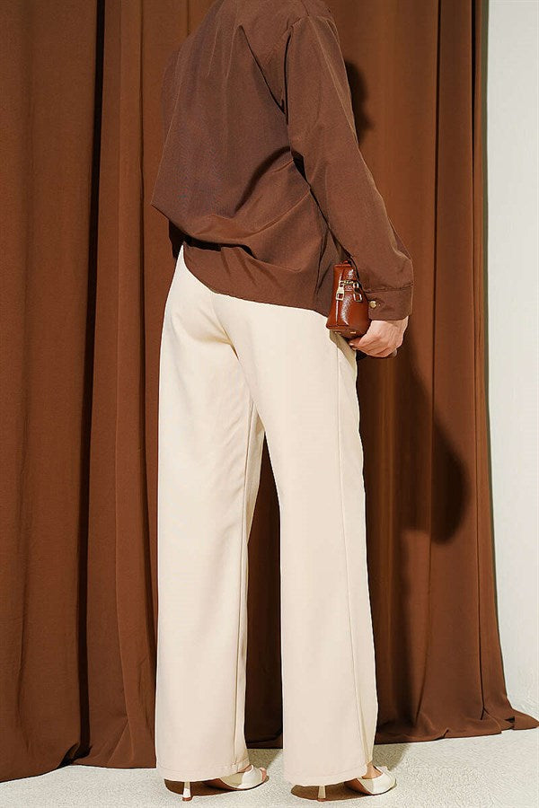 Elasticated Waist, Front Darts Trousers, Beige