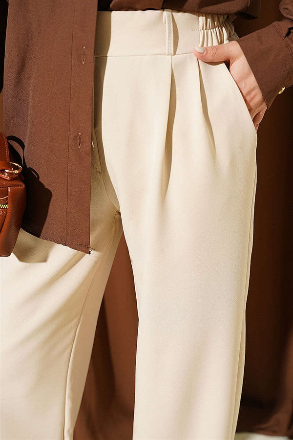 Elasticated Waist, Front Darts Trousers, Beige