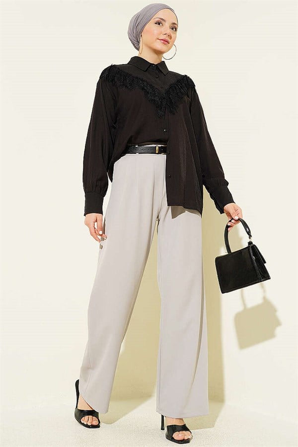 Grey Trousers with Elastic Waist and Front Darts