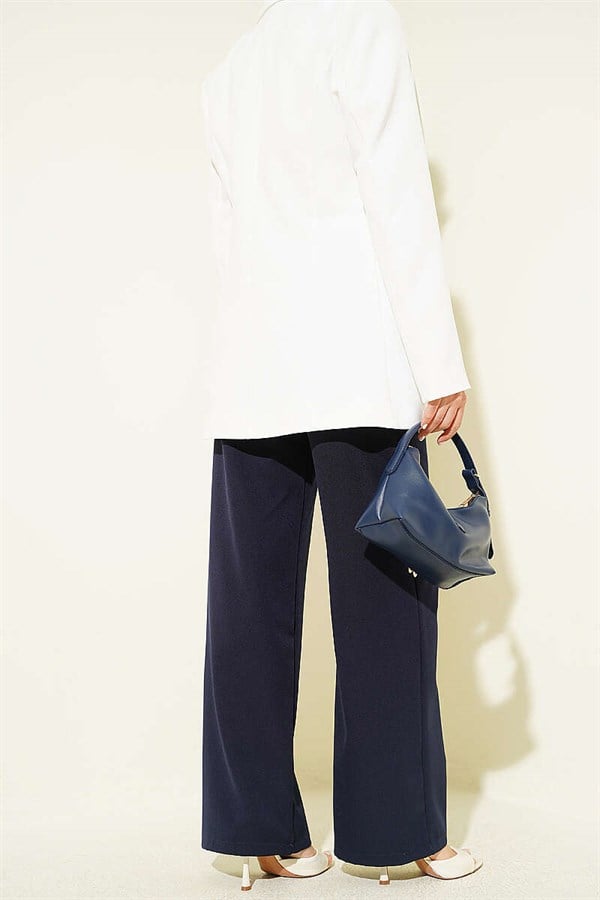 Navy Blue Trousers with Elastic Waist and Front Darts