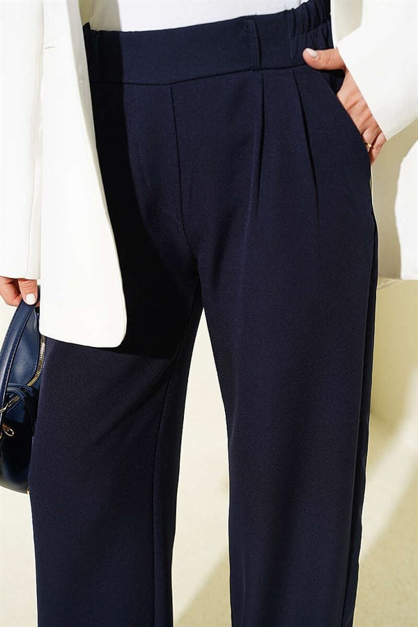 Navy Blue Trousers with Elastic Waist and Front Darts