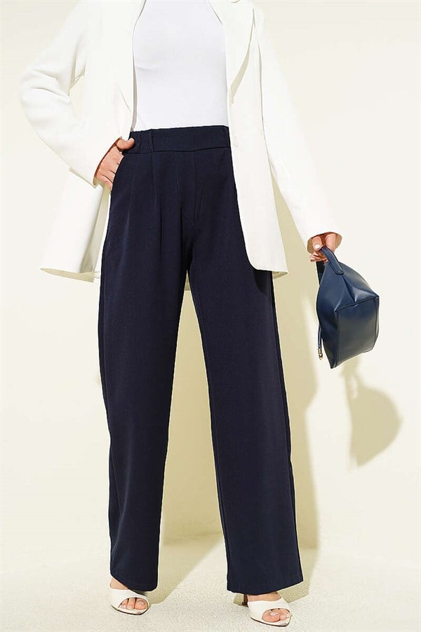 Navy Blue Trousers with Elastic Waist and Front Darts