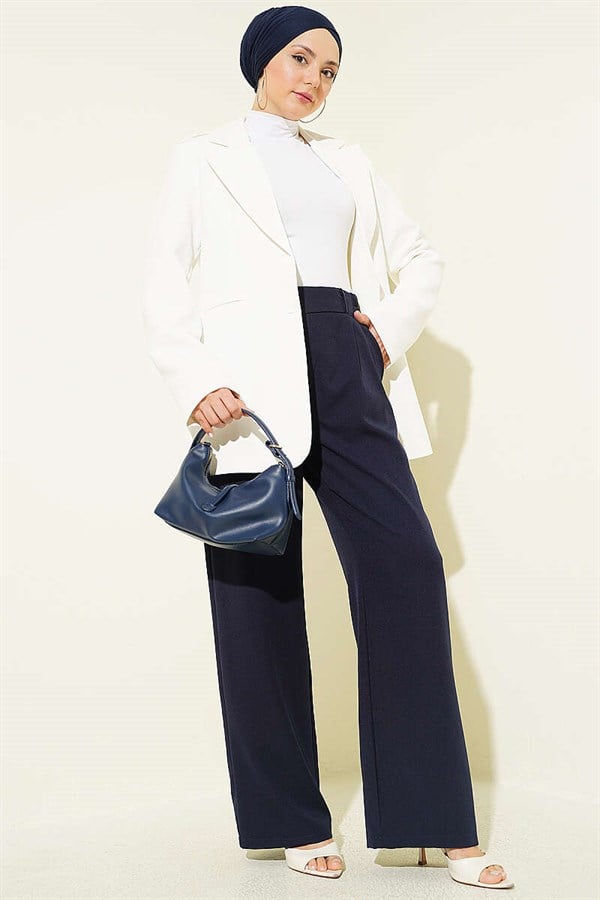 Navy Blue Trousers with Elastic Waist and Front Darts