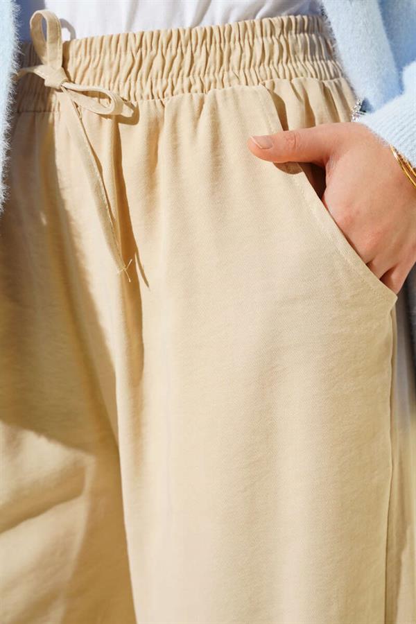 Elastic Waist Palazzo Trousers Beige