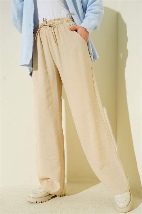 Elastic Waist Palazzo Trousers Beige