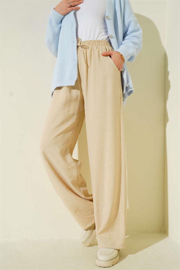 Elastic Waist Palazzo Trousers Beige