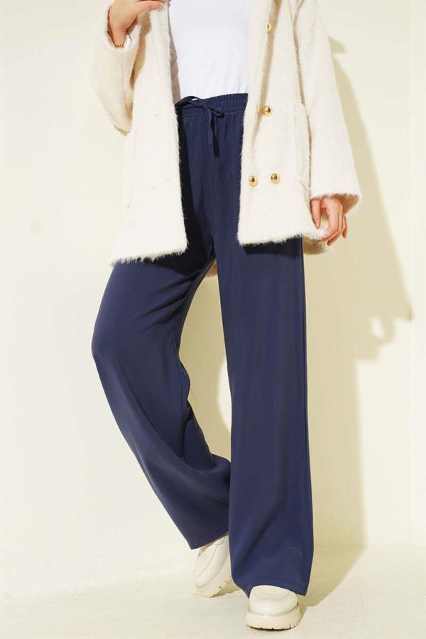 Elastic Waist Palazzo Trousers Navy Blue