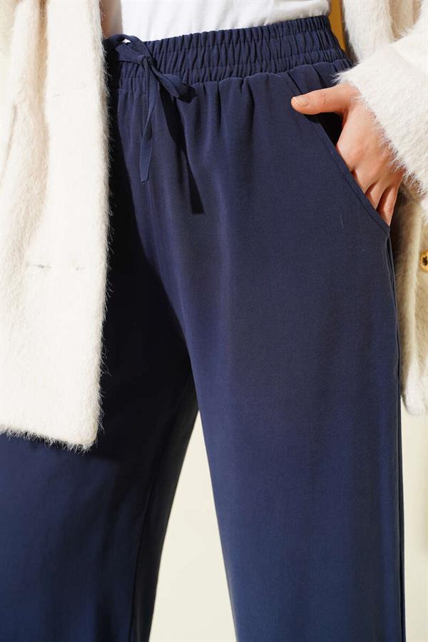 Elastic Waist Palazzo Trousers Navy Blue
