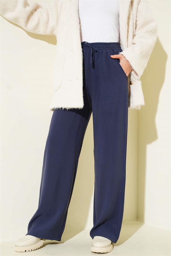 Elastic Waist Palazzo Trousers Navy Blue