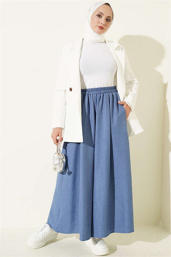 Elastic Waist Skirt Trousers Blue