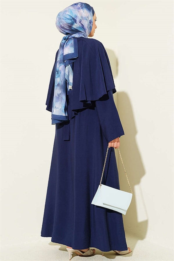 Navy Blue Dress with Elastic Waist, Cape and Belt
