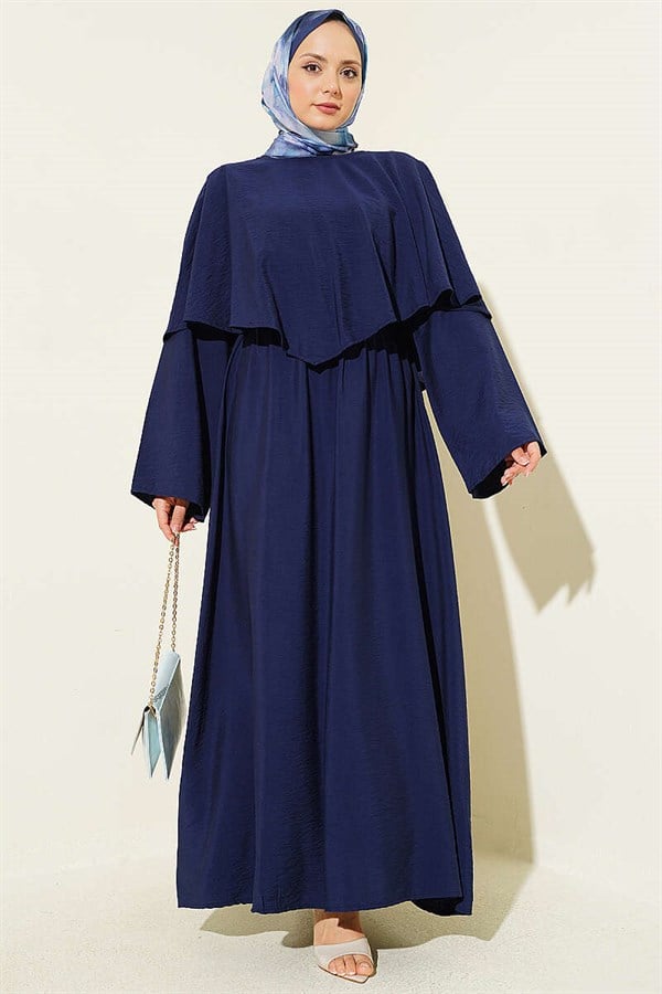 Navy Blue Dress with Elastic Waist, Cape and Belt