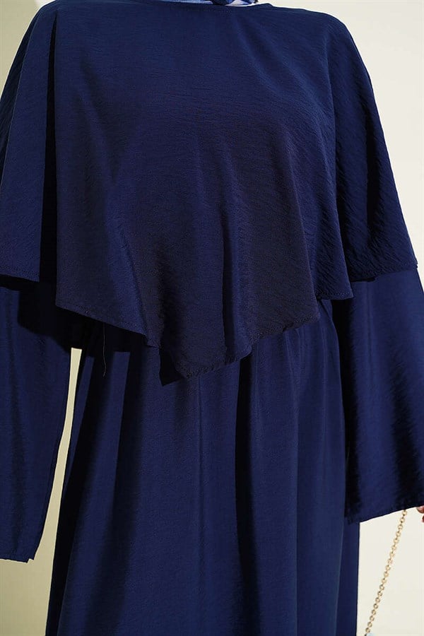 Navy Blue Dress with Elastic Waist, Cape and Belt