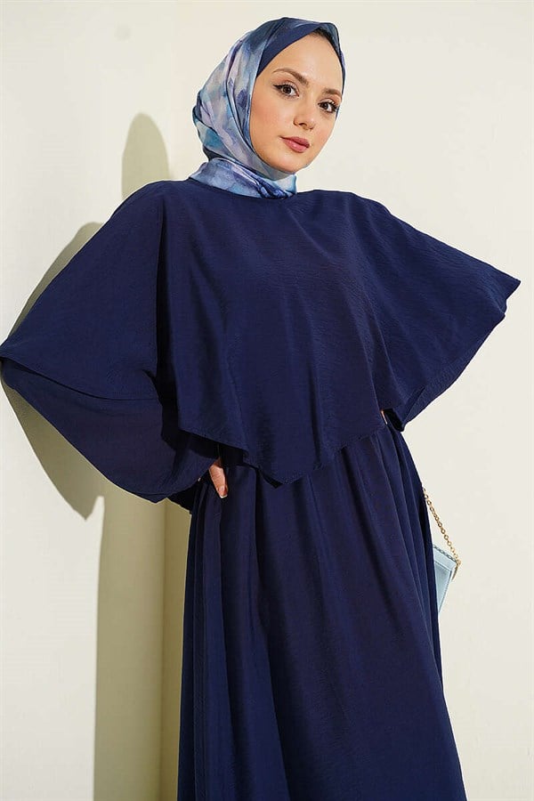 Navy Blue Dress with Elastic Waist, Cape and Belt