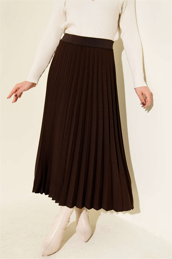 Elastic Waist Pleated Skirt, Brown