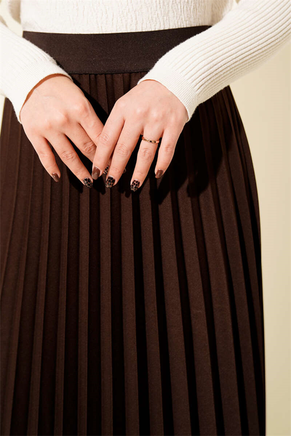 Elastic Waist Pleated Skirt, Brown