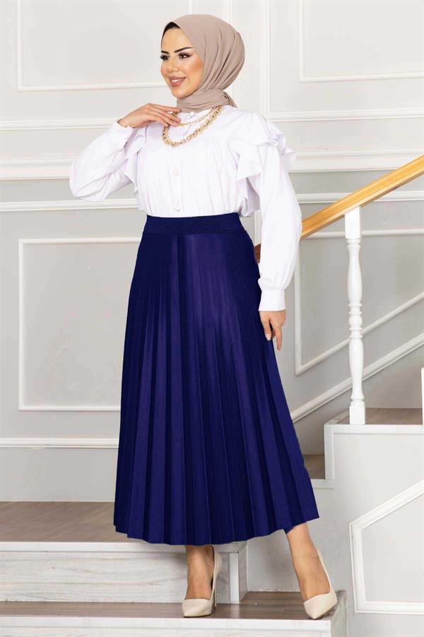 Pleated Hijab Skirt with Elastic Waistband Saxe