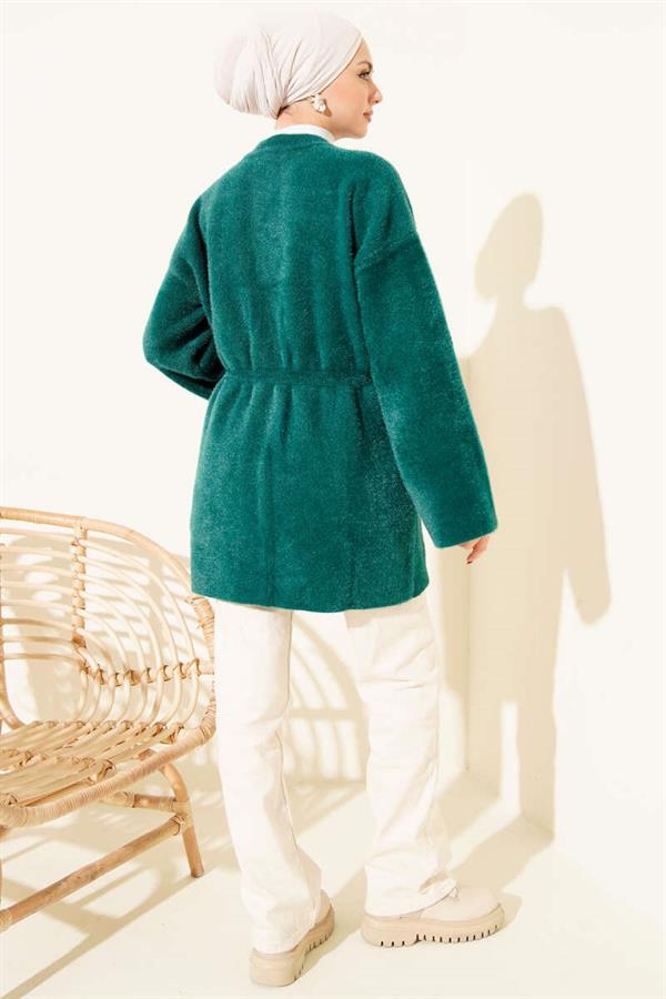 Elastic Waist Soft and Fluffy Cardigan in Emerald Green
