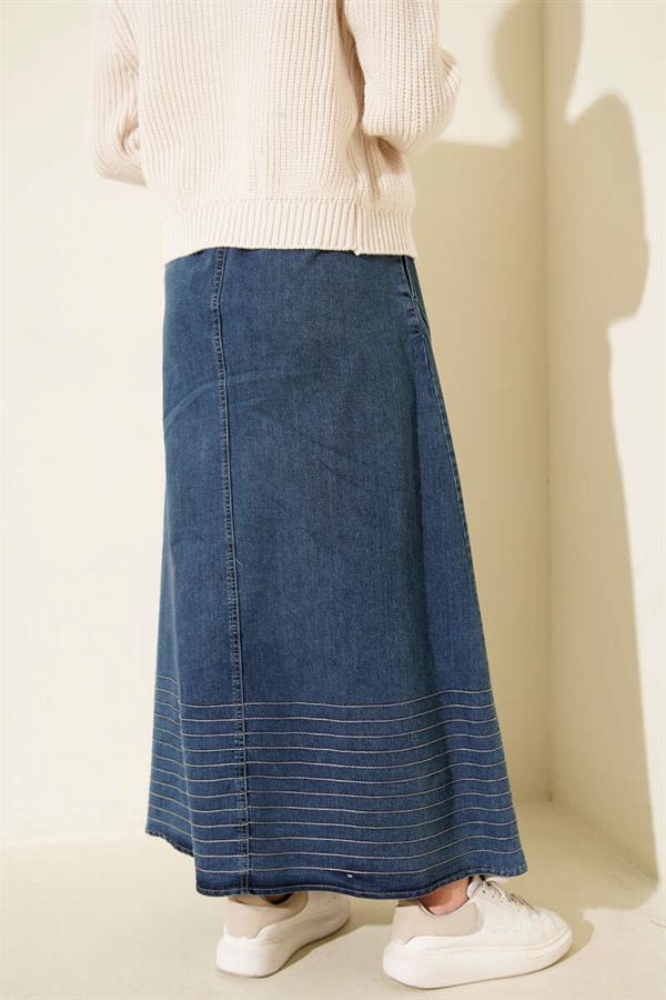 Blue Denim Skirt with Elastic Waistband and Strip Stitching