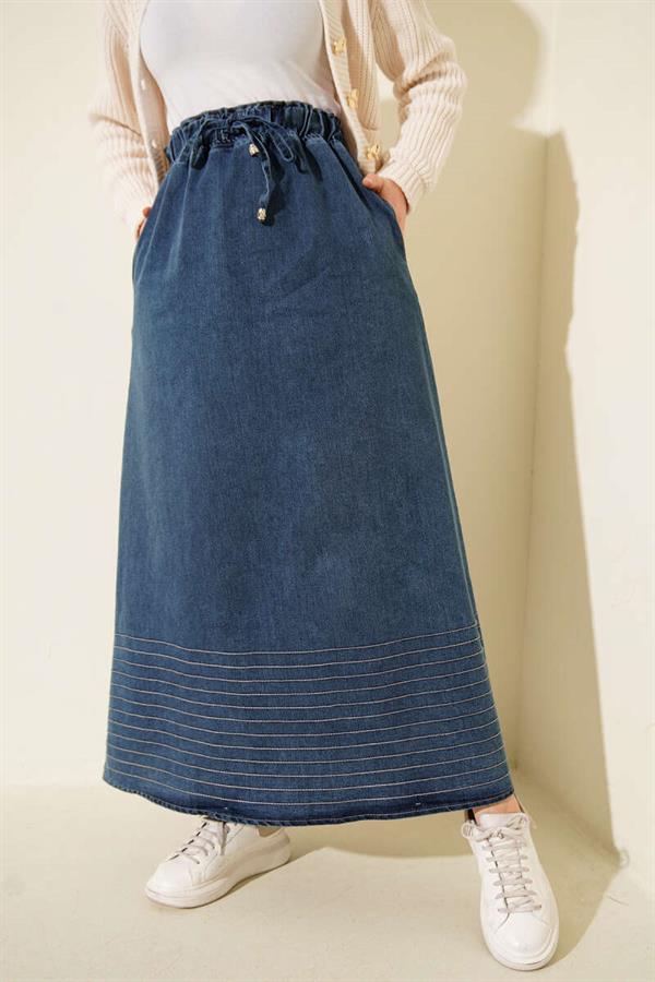 Blue Denim Skirt with Elastic Waistband and Strip Stitching