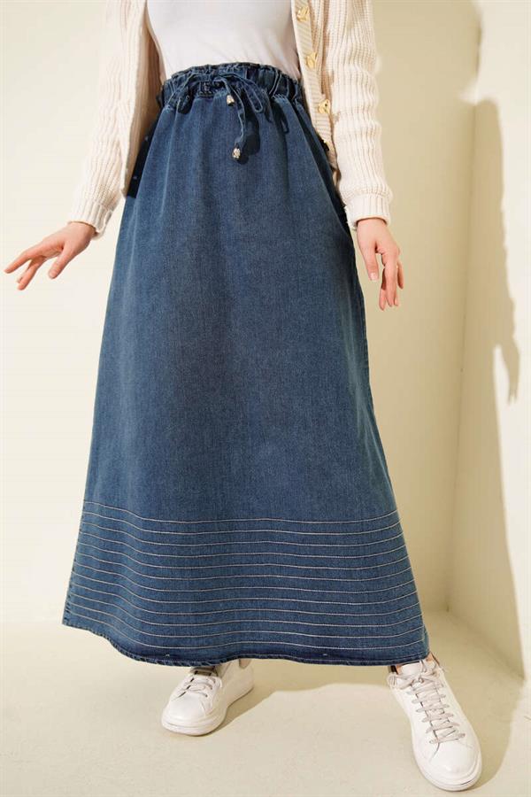 Blue Denim Skirt with Elastic Waistband and Strip Stitching