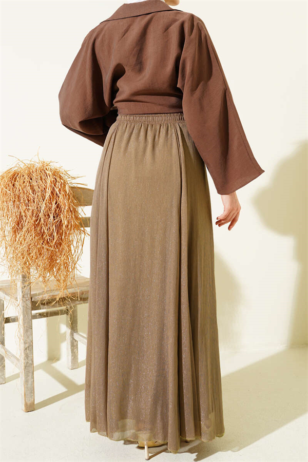 Elastic Waist Glittery Flared Skirt Latte