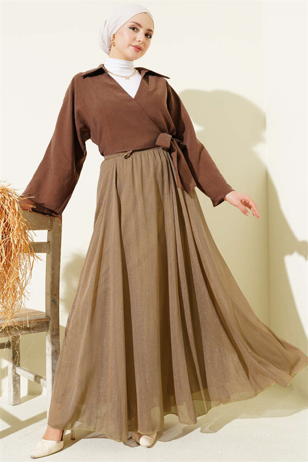Elastic Waist Glittery Flared Skirt Latte
