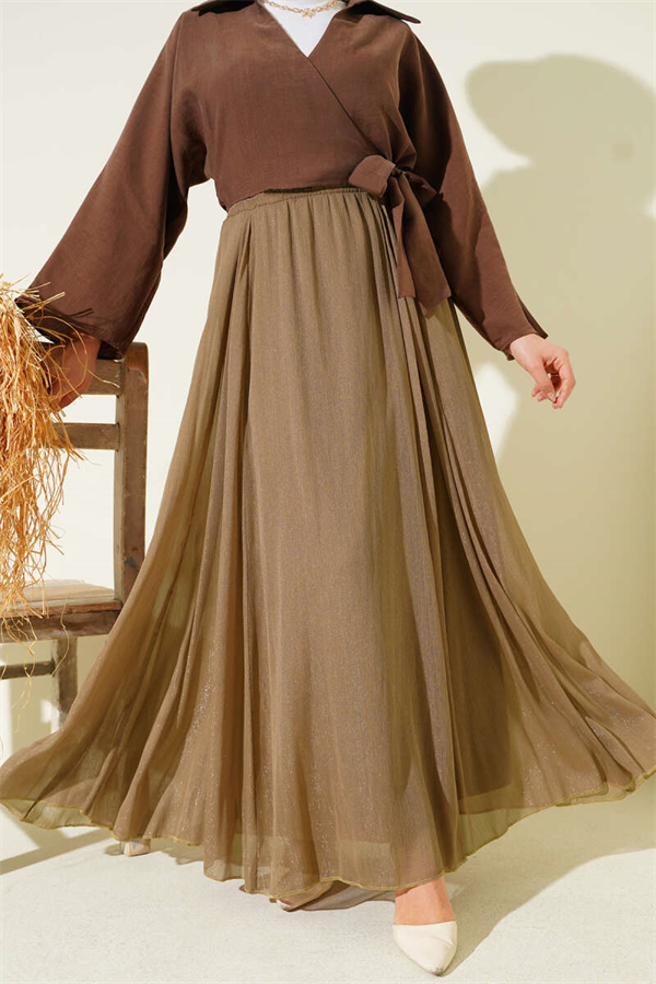 Elastic Waist Glittery Flared Skirt Latte