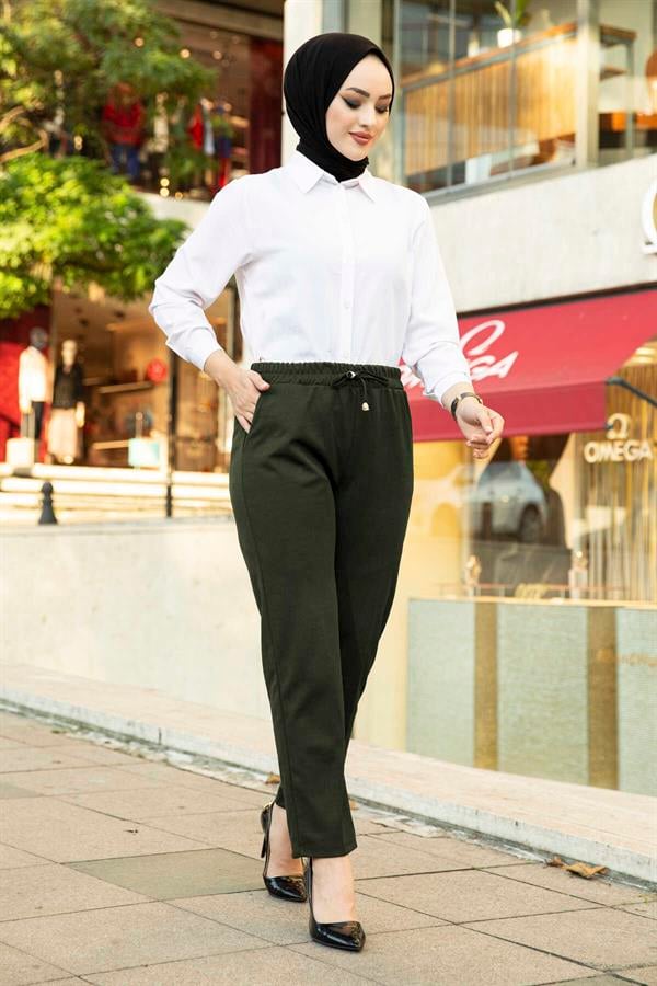 Elastic Waist Hijab Trousers Khaki