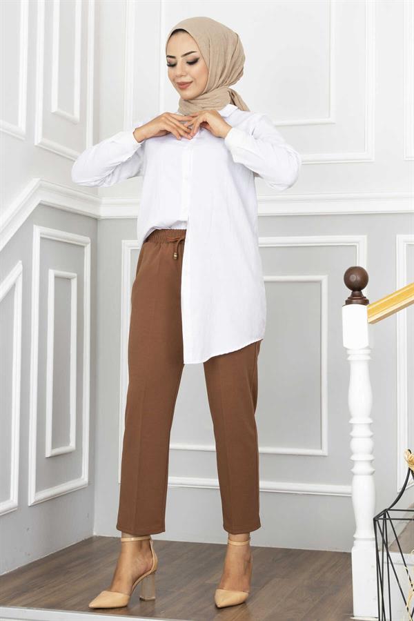 Elastic Waist Hijab Trousers Brown