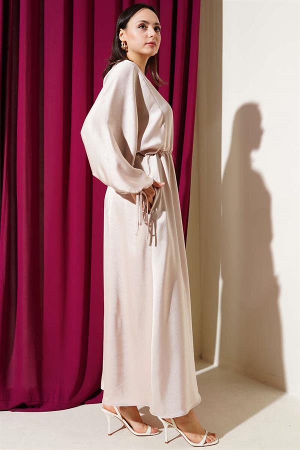 Elastic Waist Batwing Sleeve Satin Dress Beige