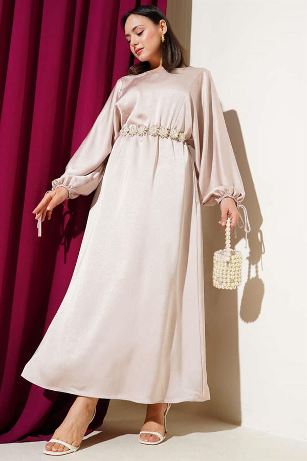 Elastic Waist Batwing Sleeve Satin Dress Beige