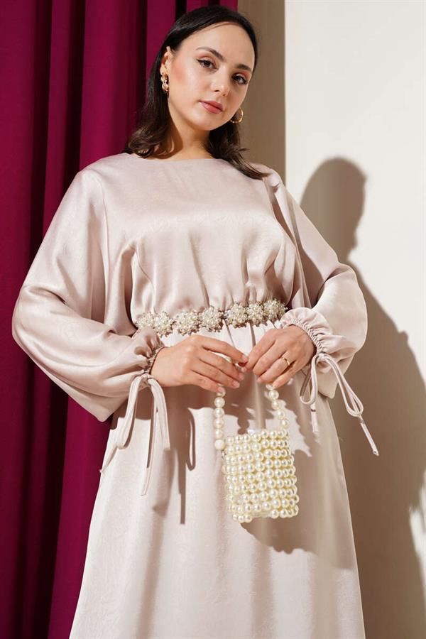 Elastic Waist Batwing Sleeve Satin Dress Beige