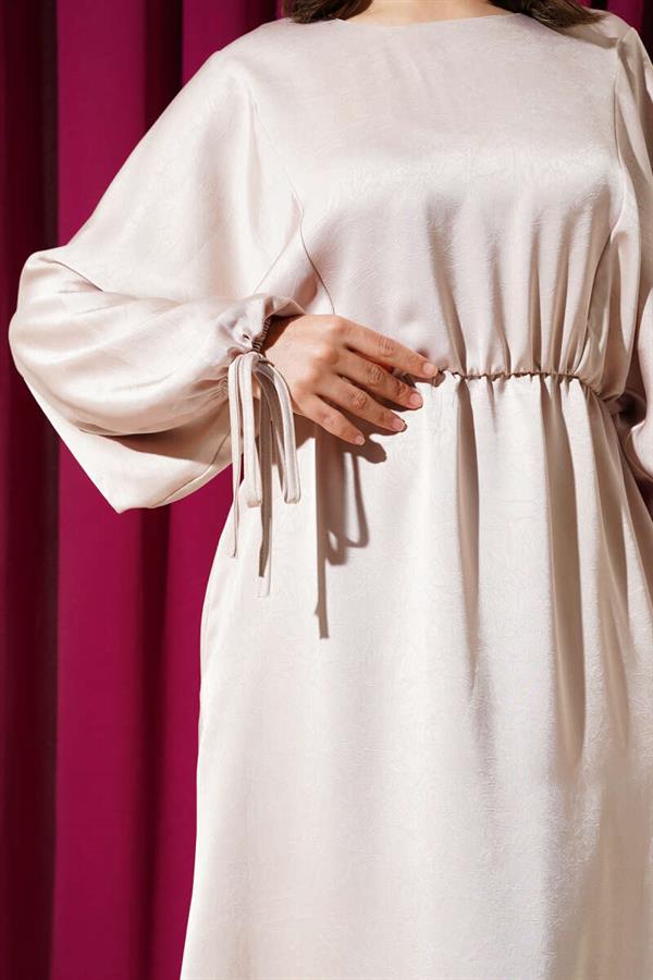 Elastic Waist Batwing Sleeve Satin Dress Beige