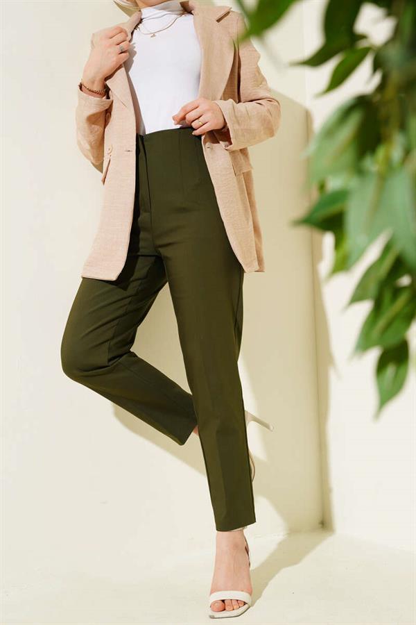 Darted Waist Skinny Leg Fabric Trousers Khaki